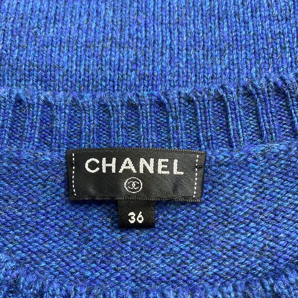 Chanel Blue Pearl Embellished Short Sleeved Cashmere Knit Sweater - Picture 4 of 6
